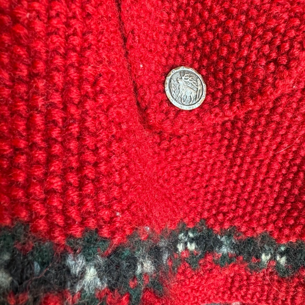 Ralph Lauren Sweater Cardigan 100%Wool Red Exclusive Hand Knit Fair Isle M - Picture 8 of 13